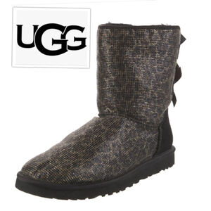 UGG Bailey Bow Leopard Gold Whimsygoth Sheepskin Winter Boots size 7 MSRP $210